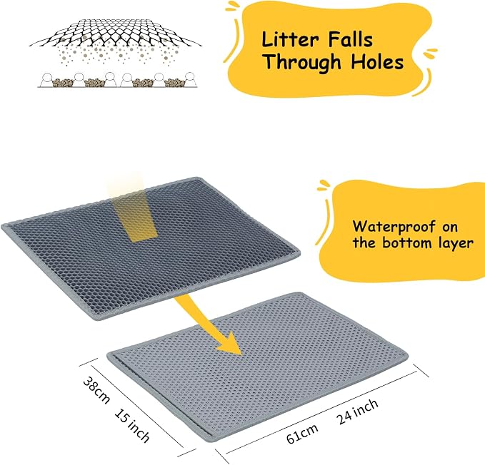 Cat Litter Mat, Litter Box Mat, Large Double Layer Waterproof Proof Trapping mat, Non-Slip Design, Kitty Litter Rug, Cat Supplies, Easy to Clean, 24x15 Inch, Grey, Pack of 1