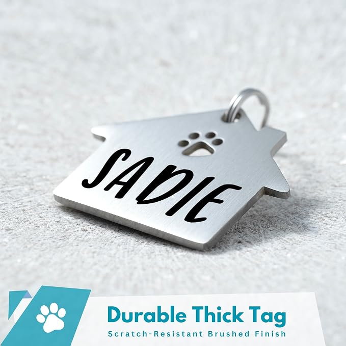 Ultra Joys Dog Tags Personalized for Pets - Hollow Paw Custom Pet ID Tag - Engraved Dog Tag for Small, Large Dogs - Large House in Silver