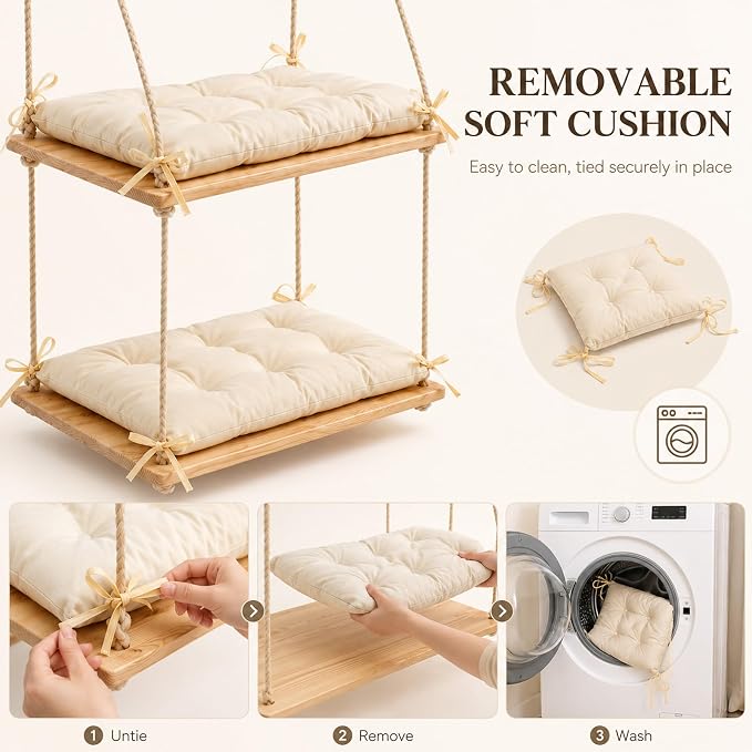 Cat Window Perch Wooden Cat Hammock Double Tier 8 Heavy-Duty Suction Cups | Dual-Tier, 50 LBS, Solid Pine Wood Platform, Washable Cushion, Tool-Free Installation, Space-Saving Comfort