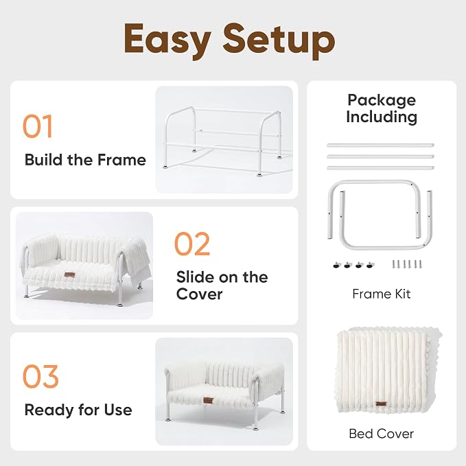 FUKUMARU Elevated Cat Couch Beds for Indoor Cats, Sturdy Metal Frame Cat Hammock Bed with High-Density Foam Cushion, Removable Washable Fluffy Cover, Breathable Raised Dog Bed & Cat Sofa Chair, Cream