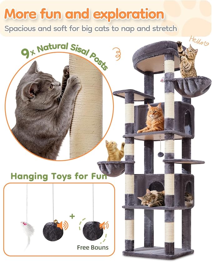 Taoqimiao Heavy Duty Cat Tree, 73In Sturdy Cat Tower for Large Cats 25lbs+ | 2 Widen Condos, Enlarged Sleeping Platform, 9 Scratching Posts, 2 Cozy Baskets, Cat Toys, Smoky Gray, F30G