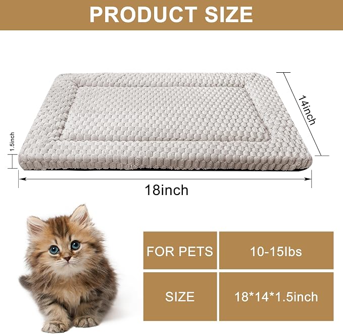Dog Bed Mat,Reversible & Ultra Soft Kennel Pad-Machine Washable Pet Bed for Dogs & Cats-All-Weather Crate Liner for Crates,Carriers & Travel (Light Gray, 18" L x 14" W x 1.5" Th)