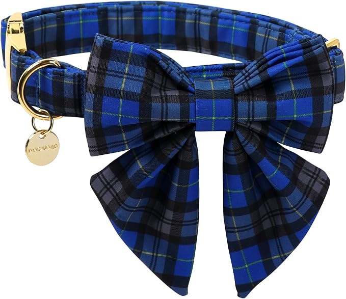 DOGWONG Christmas Dog Collar with Sailor Bow Tie, Blue Plaid Dog Collar Durable Metal Buckle Adjustable Blue Grid Dogs Collars for Small Dogs, S