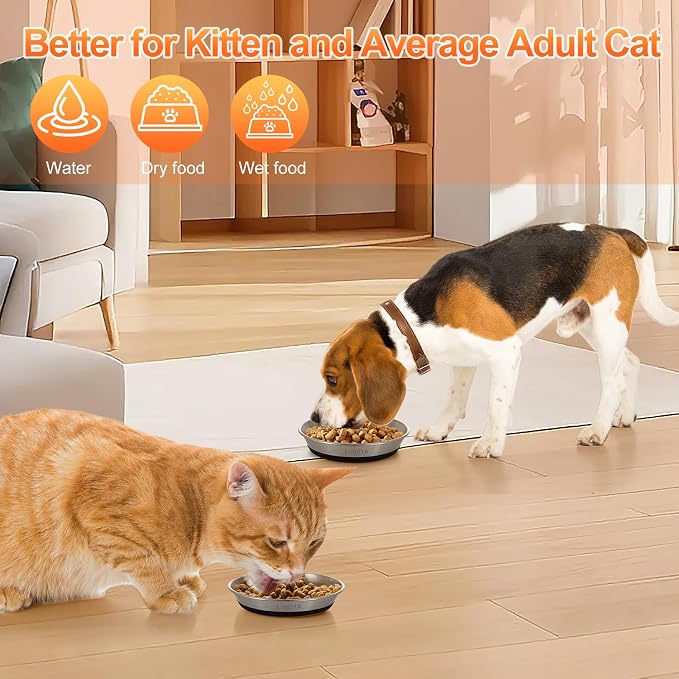 4 Pcs Whisker Friendly Cat Bowls, 304 Stainless Steel Food Water Bowls with Non-Slip Silicone Base, Dishwasher Safe Shallow Bowls for Cats Kittens Small Dogs, Indoor Outdoor Use