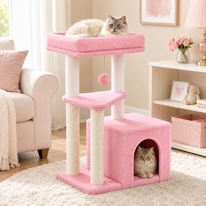 Small Cat Tree Tower for Indoor Cats, 33 Inches Multi-Level Cat Condo with Scratching Posts, Large Perch, Hanging Toy for Large Adult Cats, Pink