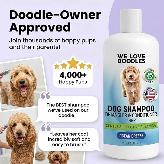 Dog Shampoo, Conditioner & Detangler, Gentle Tearless, Ocean Breeze, 16OZ | For Sensitive Itchy Skin, Hypoallergenic, Best For Smelly Dogs, Goldendoodle, Poodle & Doodle, Puppy Pet Wash, USA Made, 4in1