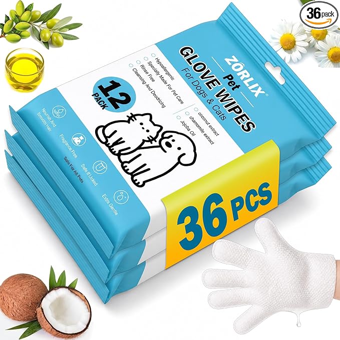 36Pcs Hypoallergenic Pet Glove Wipes for Dogs & Cats | Deodorize & Hydrate Fur Grooming Gloves for Paws, Face, Ears & Butt, Daily Care Between Baths & Travel