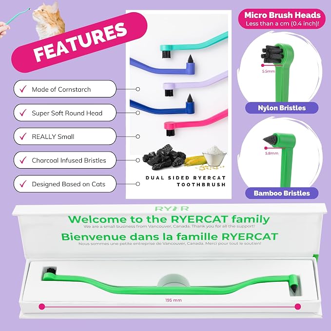 RYERCAT Dual Sided Cat Toothbrush - Kitten Toothbrush with Micro Head (Very Small) for Custom fit - Cat Dental Care Supplies - Pet Toothbrush for Cats (Shamrock Green)
