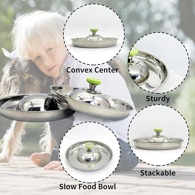 Fhiny 2Pack Stainless Steel Puppy Bowls, Pet Weaning Feeding Dish with Scoop for Litters Pets Silver Dog Food and Water Slow Feeder Bowl with Handle Container for Dogs Cats (M:11.8" Dia, 5¼ Cups)