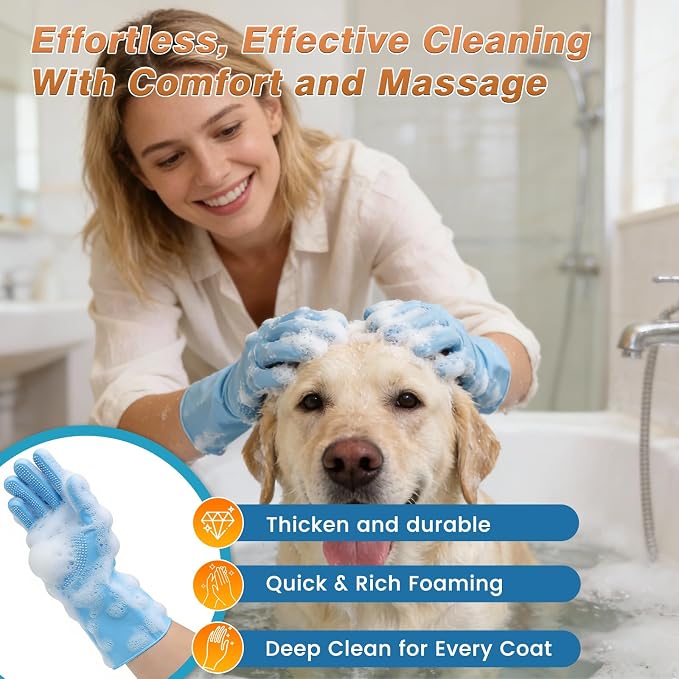 7 PCS Pet Grooming Kit for Dogs and Cats | Dog Washing Gloves | Dog Bath Brush | Cleanroom Gloves | Dog Shampoo Brush | Finger Toothbrushes | Storage Bag | All-in-One Pet Care (Ocean Blue)