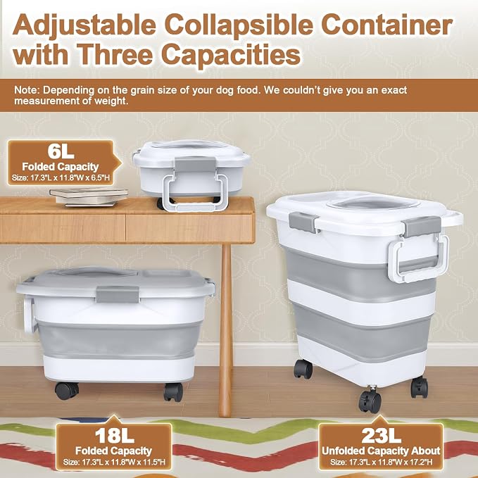 Dog Food Storage Container，10-25 lbs Airtight Collapsible Cat Food Storage Container with Attachable Wheels, Portable Handle, Dog Food Scoop for Dog Cat Bird Pet Dry Food Storage Bin Light Grey