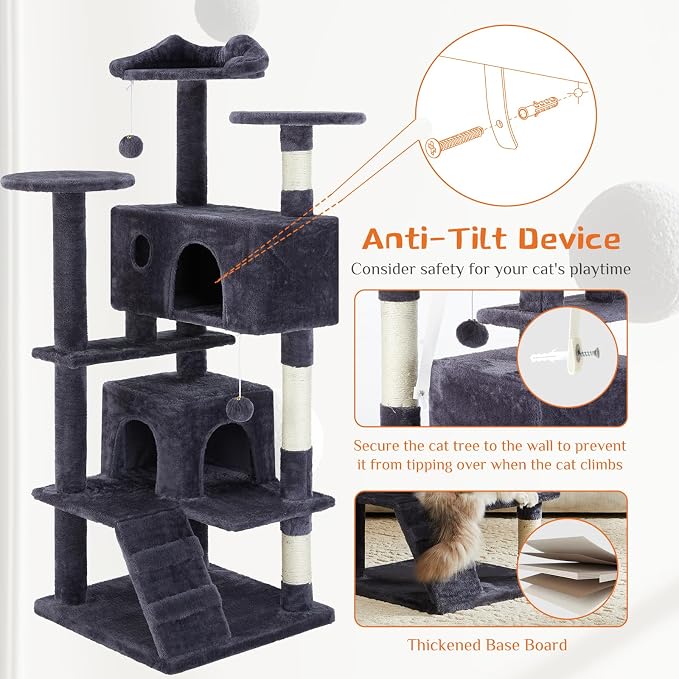 54 Inch Cat Tree Tower with Sisal Scratching Posts | Multi-Level Cat Tower with Climbing Ladder, Play Toy Balls House for Indoor Cats, Grey