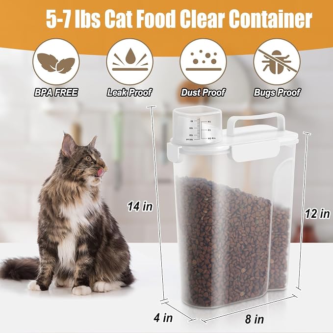 Dog Cat Food Storage Container with Cup (White, 5L) | Pet Food Pourable Container Airtight with Large Spout, BPA-Free Plastic Food Dispenser for Pet Food, Bird Seed, Rice, Flour