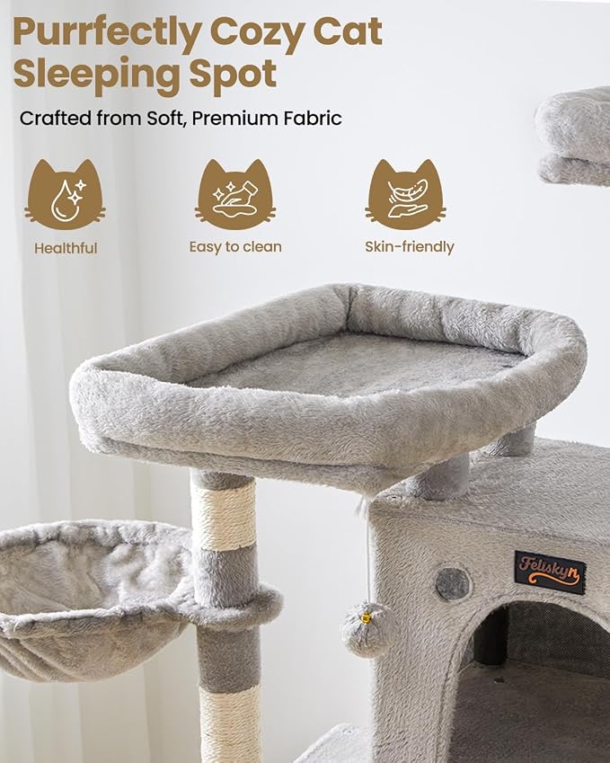74in Cat Tree Tower for Indoor Cats, Multi-Level Design | 2 Roomy Condos, 2 Cozy Baskets, 2 Padded Perches, 9 Sisal Scratching Posts, Hammock, Hanging Toys, Wide Base, Easy Assembly