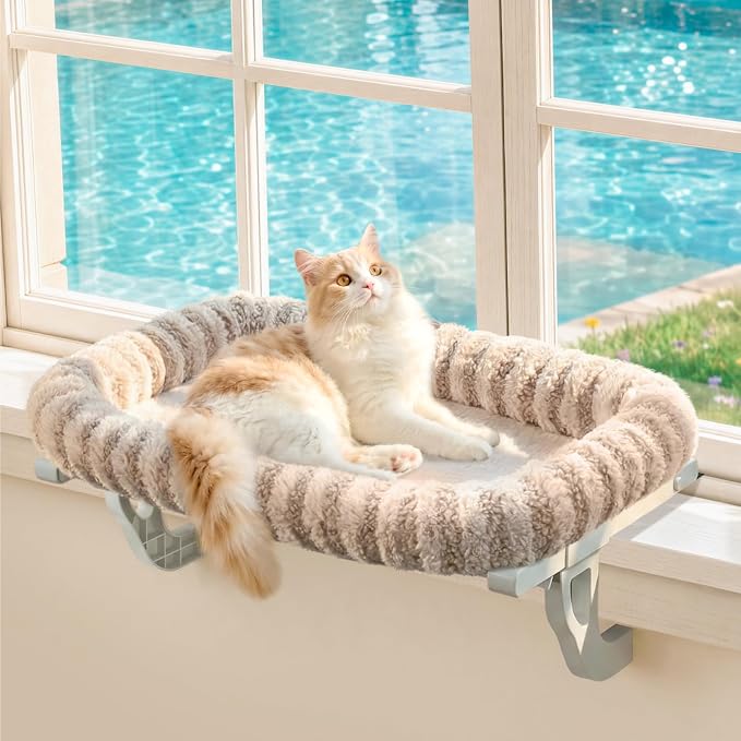 Zakkart Mellow All-Around Cat Hammock for Windowsill, Dual-Mount (Brown, L) | Hook-On or Screw-On Installation, Machine Washable Bed, Heavy Duty ABS & Metal Frame, Support up to 40 lbs.