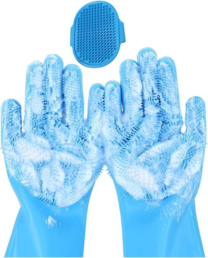 Pet Grooming Gloves & Brush Kit – 2-in-1 – Dog Washing Gloves Deshedding and Bathing Set for Dogs & Cats – Soft, Heat-Resistant, Easy to Clean – Massage Gloves & Scrubber Brush for Pets