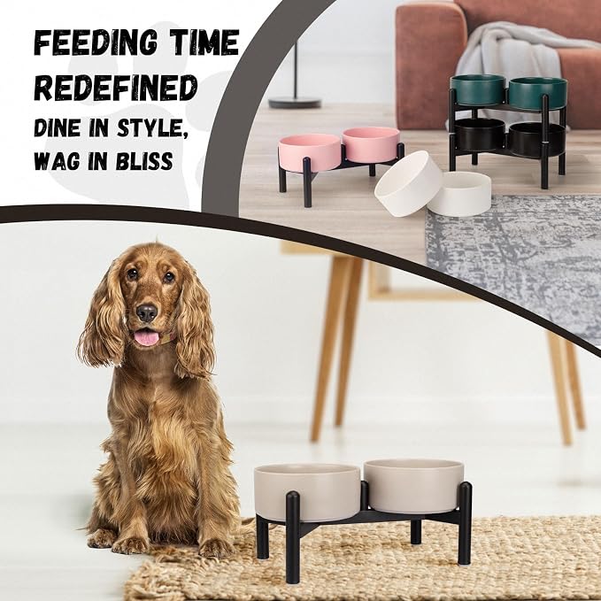 Raised Ceramic Dog Bowl Set - Elevated Double Dishes with Stainless Steel Stand - Food and Water Bowls for Small to Medium Dogs - Each Holds 3.5 Cups (29.57 fl oz) - Pink