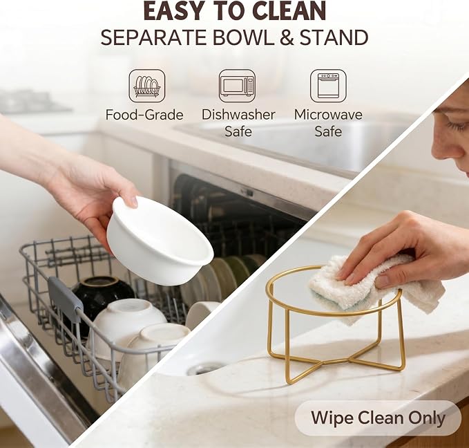White Small Ceramic Tilted Elevated Cat Dog Bowl Raised Cat Food Water Bowl Dish Pet Comfort Feeding Bowls with Gold Iron Stand