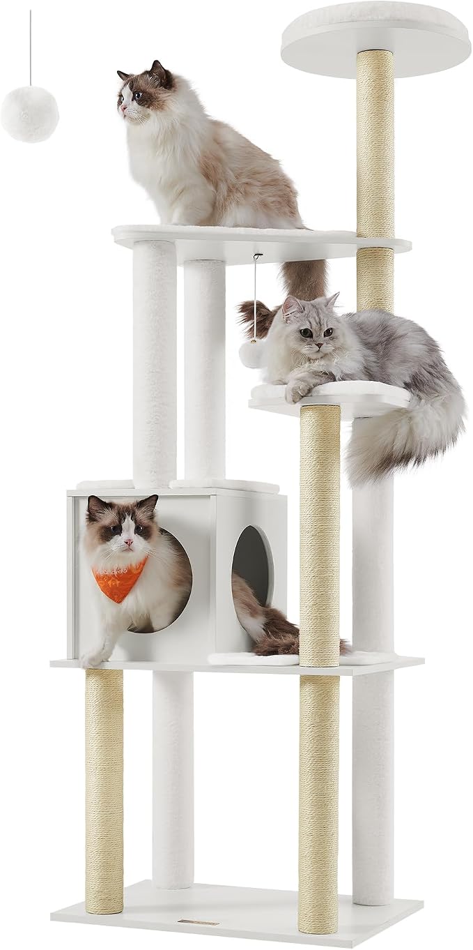 Feandrea Cat Tree, 65-Inch Multi-Level Tower with 5 Scratching Posts | Modern Cat Condo for Indoor Cats, Perch, Washable Removable Cushions, Cloud White, CAEN Collection UPCT166W01