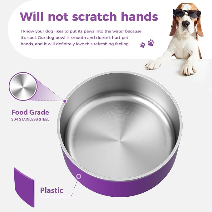 Dog Bowl, Stainless Steel Dog Food and Water Bowl with Non Slip Quiet Bottom, Easy to Clean, Dishwasher Safe, 40oz, Purple