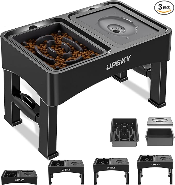 UPSKY 2-in-1 Elevated Dog Bowls Set with 4 Height Adjustable Stand, Balck | No Spill Water Bowl, Slow Food Bowl, No-Splash, Anti-Slip, Dishwasher Safe, Folding Design, Suitable for Small Medium Dogs
