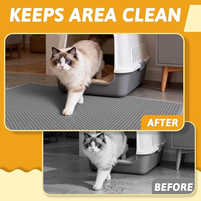 Pieviev Cat Litter Box Mat, Double-Layer Urineproof Design, 47" x 36" Gray | Honeycomb Litter Trapping Mat Captures Scattered Particles to Stop Tracking, Waterproof Base Protects Floors, Easy to Clean