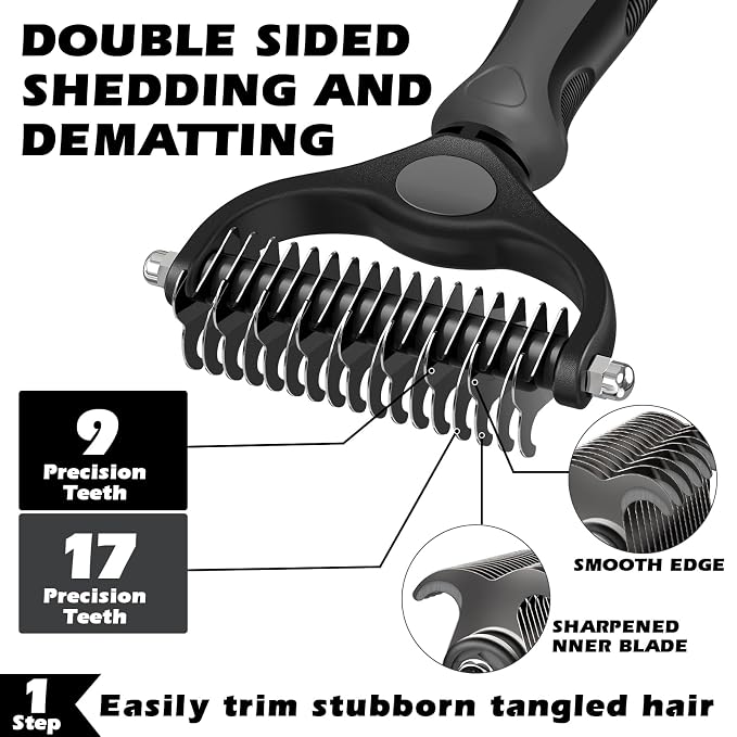 Professional 3PCS Self Cleaning Slicker Brush & Pet Grooming Rake & Flea Comb for Dogs,Cats and Horses | Double-Sided Dematting Comb & Skin Friendly Deshedding Grooming Tool | Pet Supplies (Grey)