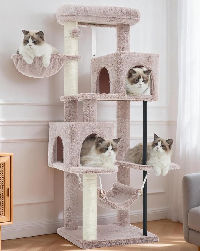 Cat Tree Tower with Sturdy Steel Tube for Indoor Cats GCT014MU | 51.2'' Cat Furniture with Scratching Posts, Hammock, Basket and Padding Top Platform for Inoor Cats Large Adult, Mushroom