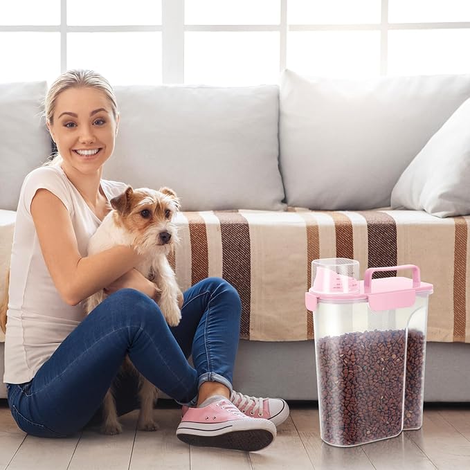 LEAWALK 5-7Lbs/6Qt Dog Cat Storage Container Portable with Upgraded Large Spout and Cup, Plastic Pet Food Dispenser for Small Animal Kibble, Bird Seed, Oatmeal, Rice, Flour, Brown Sugart- Light Pink