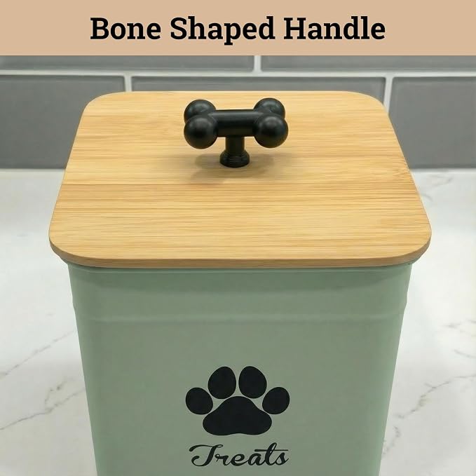 Dog Treat Container Airtight - 6 Inch Wide x 8 Inch Tall Iron Dog Treat Jar for Kitchen Counter with Airtight Bamboo Lid - 12 Cup Capacity Pet Treat Container - Doggie Cookie Jar - Big Treats Canister