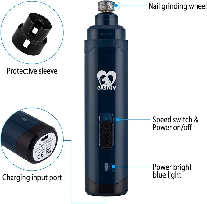 Casfuy Dog Nail Grinder Upgraded - Professional 2-Speed Whisper-Quiet Electric Pet Nail Trimmer Painless Paws Grooming & Smoothing for Small Medium Large Dogs & Cats (Dark Blue)