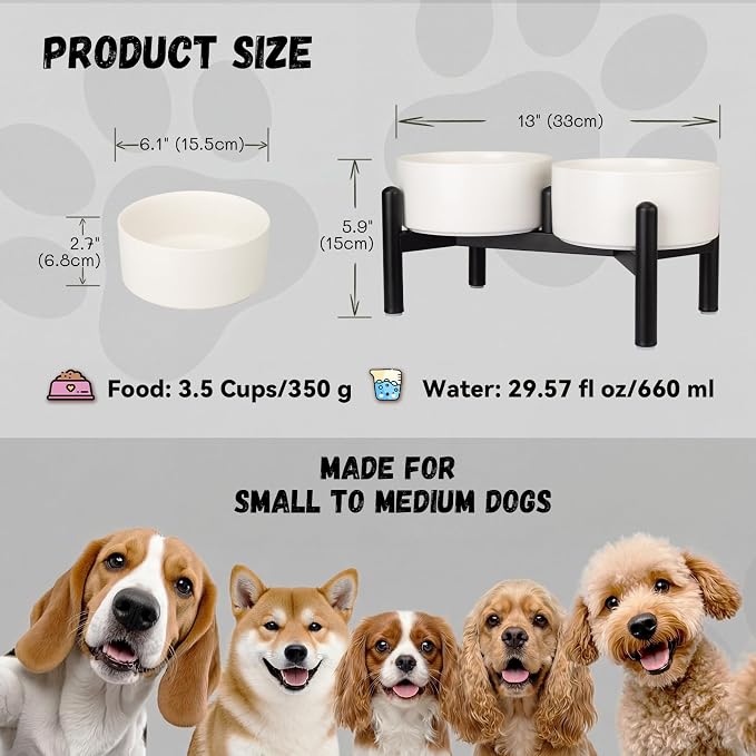 Raised Ceramic Dog Bowl Set with Stand, 3.5 Cups Elevated Dog Food Stand | 6.1'' Double Dog Food and Water Bowl Set, Non-Slip Dog Feeding Dishes for Small to Medium Breeds, 29.57 OZ, White