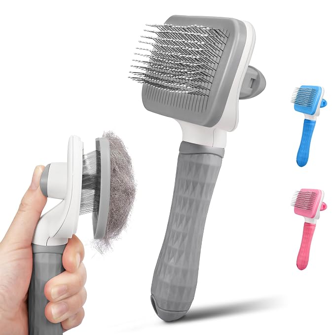 Dog & Cat Brush, Self Cleaning Slicker Brush for Pets Shedding | 1 Click Clean,Lightweight,Massaging Particles,Soft Non-slip Handles,For All Furry Animls