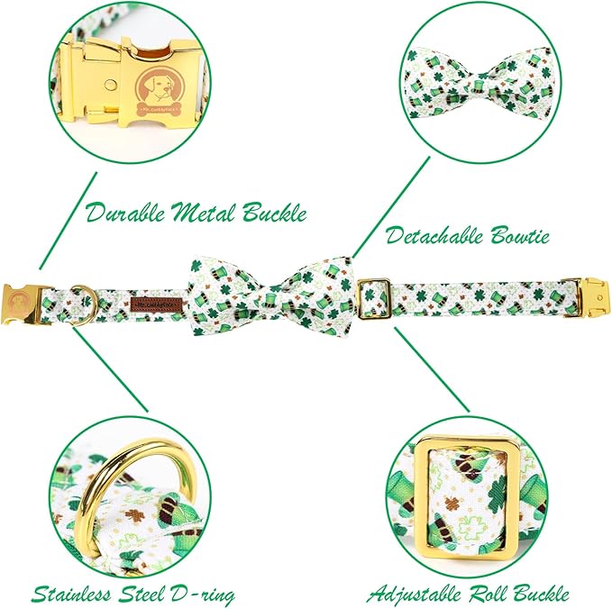 ·MR. CHUBBYFACE· St.Patrick's Clover Dog Collar with Bowtie, Green Clovers Shamrock Pattern Metal Buckle Dog Collar Adjustable Shamrock Collar for Small Medium Large Dogs