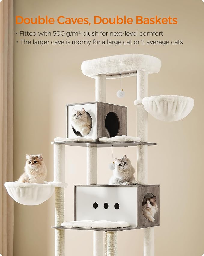 Feandrea Cat Tree, 75.6-Inch Modern Cat Tower, Tall Multi-Level Condo with 2 Caves, 2 Hammocks, 4 Scratching Posts, Self-Groomer, Tunnel, Perch, Heather Greige UPCT193G01 | Tall Cat Tower, 4 Scratching Posts, Self-Groomer, Tunnel, Perch, Heather Greige...