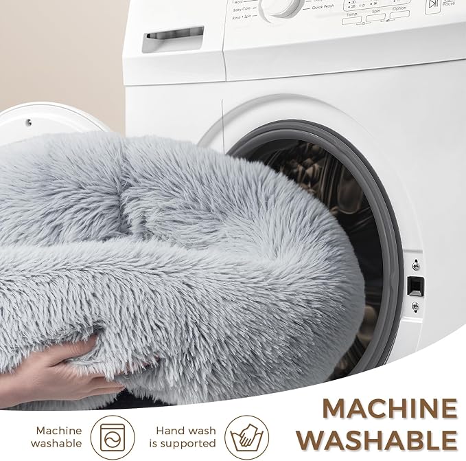 Calming Round Dog Bed & Cat Bed for Indoor Cats, Medium Size Washable Anti-Slip Anti-Anxiety Donut Dog Beds for Small Dogs & Cats, Fluffy Plush Soft Dog Bed(20 Inch, Light Grey)