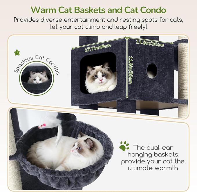 Globlazer F83C Pro Max Heavy Duty Maine Coon Cat Tree, 83in Tall Tower | Easy Assembly, Large Cats, 2 Condos, 3 Hanging Baskets, 2 Perches, 7 Sisal Scratching Posts, Anti-Topple Strap, Dark Grey