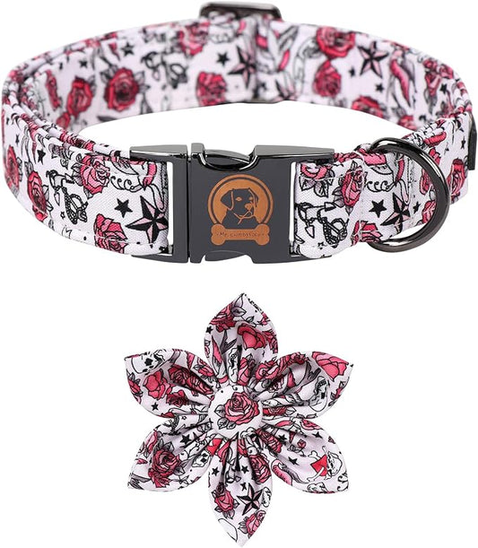 ·MR. CHUBBYFACE· Valentine's Dog Collar with Flower, Cute Pink Rose Cotton Dog Collar, Adjustable Valentine's Boy Girl Dog Collars with Metal Buckle for Small Medium Large Dogs