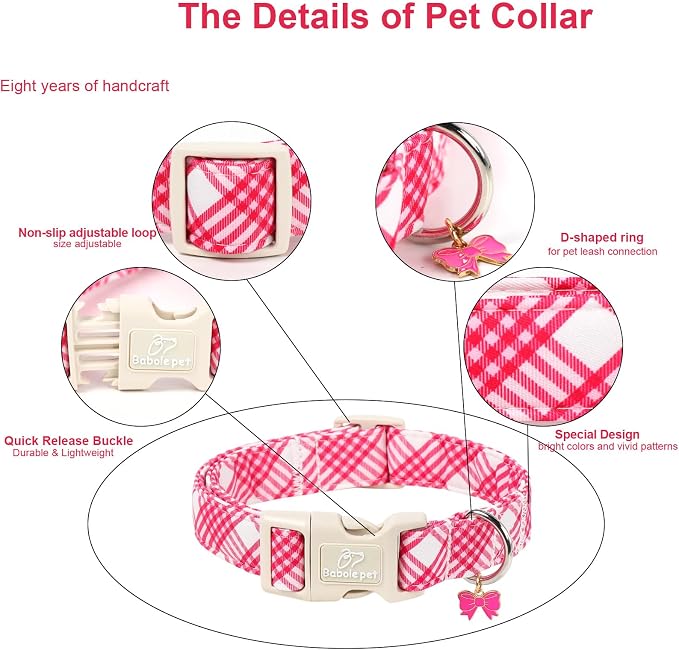 Girl Dog Collar, Bright Pink Glen Check Dog Collars for Puppy Small Dogs - Cute Spring Summer Plaid Pup Collar, Soft Adjustable Female Dog Collars with Quick Release Buckle XS