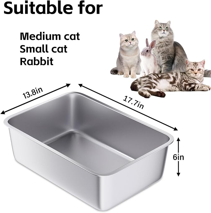 Stainless Steel Litter Box 2 Pack-Metal Litter Cats Boxes, XL Stainless Steel Cat Litter Box 17.7"x13.8"x6"(Height), Easy Clean Non Stick