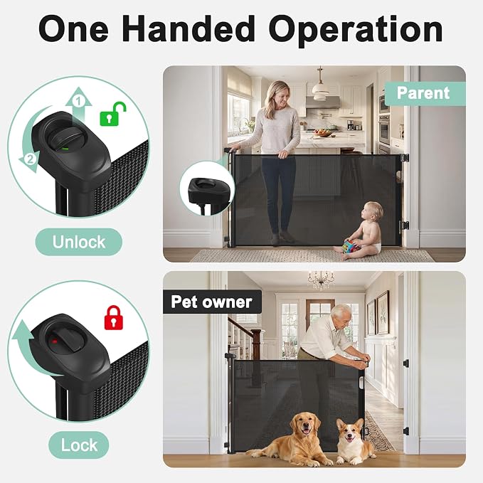 Retractable Baby Gates for Doorways & Stairs, Mesh Retractable Dog Gate for Indoor&Outdoor Use, 33" Tall Expands Up to 60" Width, No Bottom Bar Child Safety Gates for Stairs, Doorways, Hallways, Decks