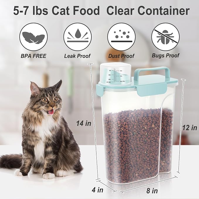 Dog Cat Food Storage Container with Cup (Light Blue, 5L) | Pet Food Pourable Container Airtight with Large Spout, BPA-Free Plastic Food Dispenser for Pet Food, Bird Seed, Rice, Flour