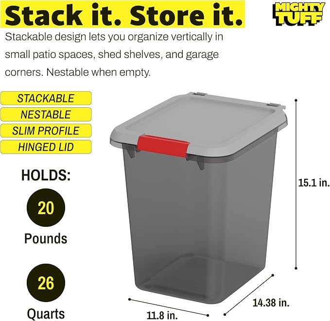Mighty Tuff 20 lb Pellet Storage Container with Airtight Locking Lid | Durable container with locking latch helps keep wood pellets dry and organized for storage or pantry use.