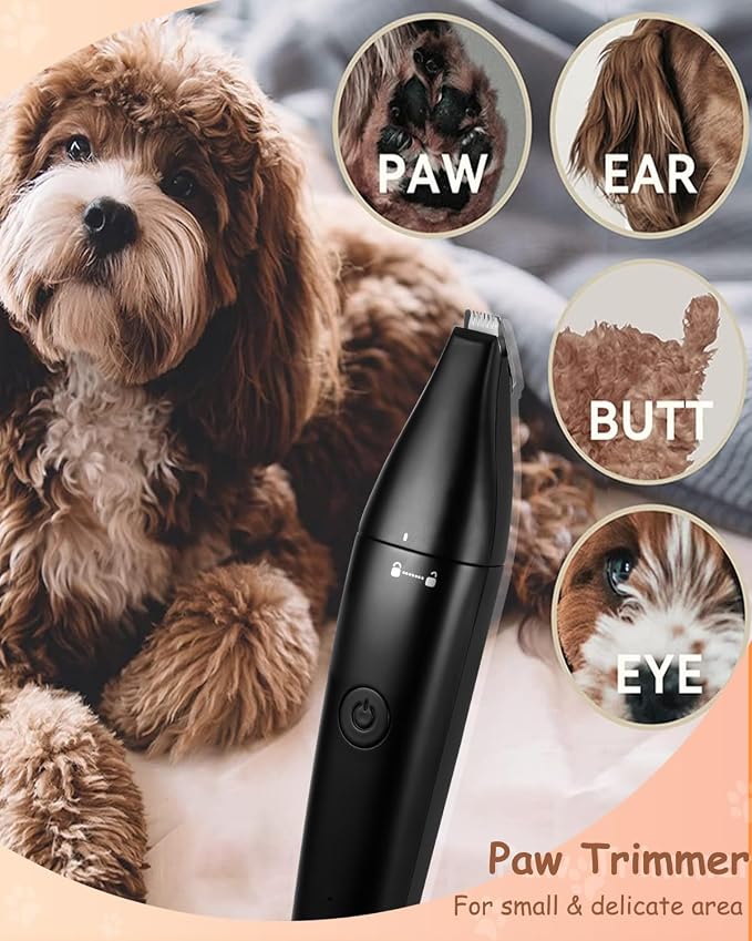 4-in-1 Dog Grooming Kit Low Noise Snag Free Cutting for Cats Dogs | Rechargeable Cordless, Rinsable Blade ,4-in-1 Electric Clipper & Foot Trimmer with Nail Grinder and Curved Blade Head