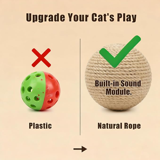 4-Inch Sisal Cat Toy Balls with Crinkle Sound | Indoor Cat Toys for Teething, Claw Sharpening & Play | Large Size Prevents Rolling Under Furniture (Natural)