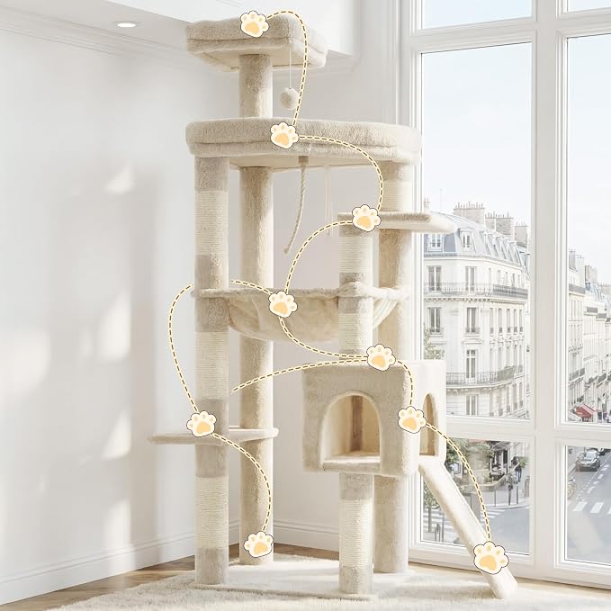 Heybly 64.2" Heavy-Duty Cat Tree for Large Cats with Wide Base HCT027M | Indoor Cat Tower with Scratching Posts & Board, Cat Furniture with Big Platforms, Extra-Large Hammock, Beige