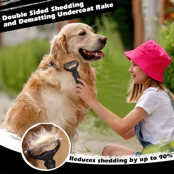 Professional 3PCS Self Cleaning Slicker Brush & Pet Grooming Rake & Flea Comb for Dogs,Cats and Horses | Double-Sided Dematting Comb & Skin Friendly Deshedding Grooming Tool | Pet Supplies (Black)