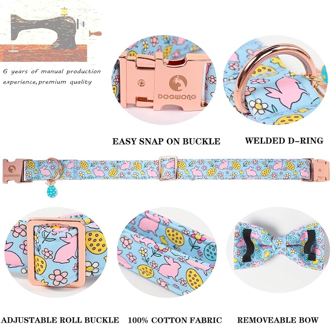 DOGWONG Easer Dog Collar with Bow,Blue Bunny Easter Dog Collars, Adjustable Durable Soft Flower Easter Dog Collar for Male Female Puppy,M