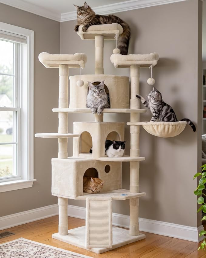 Hey-brother Cat Tree Tower with Multi-Level Large Condo, Platform, MPJ032M | 73.4 Inch Cat Tower with 3 Caves, 3 Cozy Perches, Scratching Posts, Board, Activity Center Stable for Indoor Cats, Beige