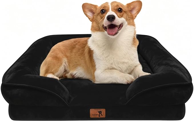 Spotted Play Orthopedic Dog Bed with Sides - Sofa Beds for Small Dogs, Supportive Foam Pet Couch Bed with Washable Removable Cover, Waterproof Lining and Non-Slip Bottom, Black - S